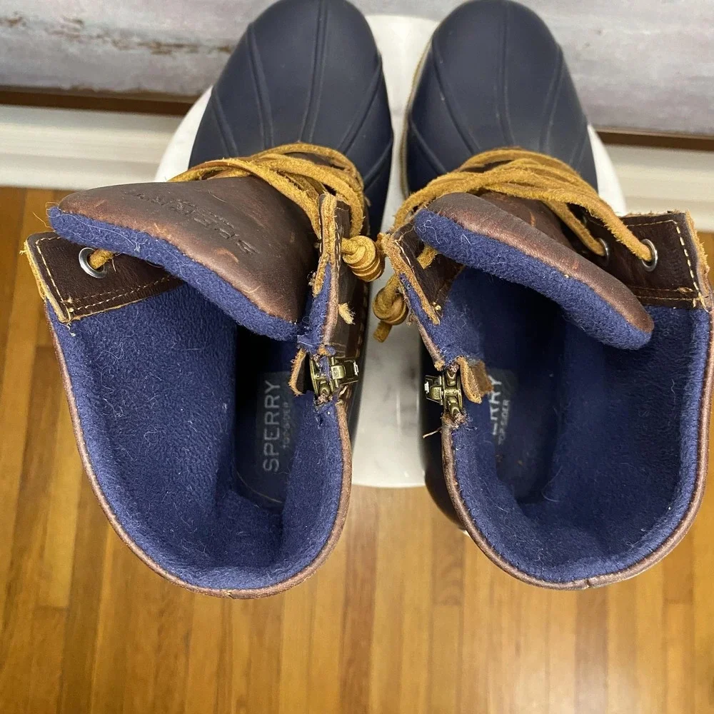 Sperry Boots Womens Size 8 Blue Brown Leather Duck Rain Ankle Zip STS91175